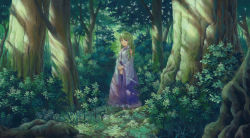 Rule 34 | 1girl, blue eyes, detached sleeves, forest, frog hair ornament, gohei, grass, green hair, hair ornament, hair tubes, highres, kochiya sanae, long hair, looking at viewer, miso pan, nature, oonusa, own hands together, painting (medium), smile, snake hair ornament, solo, touhou, traditional media