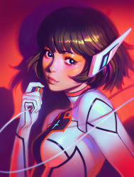 Rule 34 | 1girl, bad id, bad tumblr id, black eyes, bodysuit, breasts, bright pupils, cable, closed mouth, commentary, copyright request, drop shadow, english commentary, highres, ilya kuvshinov, light smile, lips, looking at viewer, red background, robot ears, solo, upper body, white bodysuit