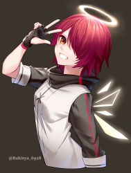 Rule 34 | 1girl, arknights, arm up, black background, black gloves, breasts, commentary request, cropped torso, detached wings, exusiai (arknights), fingerless gloves, gloves, glowing, glowing wings, grin, hair over one eye, halo, highres, long sleeves, red eyes, red hair, rukinya (nyanko mogumogu), short hair, short sleeves, small breasts, smile, solo, twitter username, upper body, v, white hair, wings