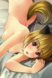 Rule 34 | 1girl, :d, absurdres, animal ears, ass, bare arms, bare shoulders, bed sheet, blush, bottomless, breasts, brown eyes, brown hair, fang, highres, looking at viewer, lying, matsunaga kouyou, on side, open mouth, original, short hair, small breasts, smile, solo, tail