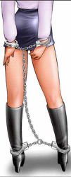 Rule 34 | 1girl, arms behind back, bdsm, bondage, boots, bound, bound ankles, bound wrists, chain, cuffs, from behind, handcuffs, original, pencil skirt, shingyouji tatsuya, simple background, skirt, solo, white background