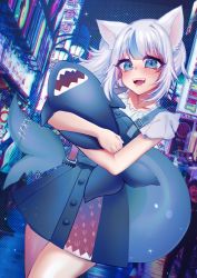 Rule 34 | 1girl, alternate costume, alternate hairstyle, animal ears, blue hair, blue theme, cat ears, cityscape, fins, fish tail, gawr gura, gawr gura (casual), highres, hololive, hololive english, multicolored hair, neon lights, official alternate costume, official alternate hairstyle, osiimi, shark, shark girl, shark tail, sharp teeth, streaked hair, stuffed animal, stuffed toy, tail, teeth, tokyo (city), virtual youtuber, white hair