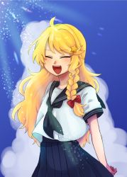 Rule 34 | 1girl, alternate costume, black neckwear, black skirt, blonde hair, blue sky, blush, bow, braid, cloud, commentary request, cookie (touhou), cowboy shot, fox eyes, hair ornament, highres, kirisame marisa, long hair, looking at viewer, odennoden, open mouth, outdoors, pleated skirt, red bow, school uniform, serafuku, shirt, side braid, single braid, skirt, sky, solo, star (symbol), star hair ornament, sunlight, suzu (cookie), touhou, white shirt