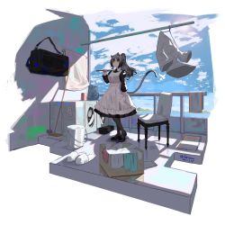 Rule 34 | 1girl, absurdres, airnery, animal ear fluff, animal ears, apron, arknights, black footwear, black pantyhose, black shirt, blouse, blue sky, box, broom, bucket, bucket of water, cardboard box, cat ears, cat girl, cat tail, chair, clothes, clothes hanger, cloud, dated, grey hair, hand up, highres, huge filesize, long hair, maid, maid apron, medium skirt, mountainous horizon, ocean, orange eyes, outdoors, pantyhose, ponytail, railing, schwarz (arknights), shadow, shirt, skirt, skirt hold, sky, slippers, solo, standing, tail, towel, twitter username, washing machine, white apron, white skirt, wide shot