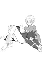 Rule 34 | 10s, 2boys, animal, barefoot, bishounen, cat, feet, greyscale, male focus, mikleo (tales), monochrome, multiple boys, on lap, r2load, short hair, sitting, smile, sorey (tales), stretching, tales of (series), tales of zestiria