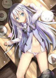 Rule 34 | 1girl, :&lt;, angora rabbit, animal, arm up, black skirt, blue bow, blue eyes, blue hair, blue vest, blush, bow, bow panties, cake, cake slice, closed mouth, coffee, collared shirt, commentary, cup, food, gochuumon wa usagi desu ka?, hair between eyes, hair ornament, highres, kafuu chino, long hair, long sleeves, looking at viewer, lying, natuna natu, navel, on back, on table, open clothes, open shirt, open vest, panties, panty pull, petals, plate, rabbit, shirt, skirt, skirt around one leg, spoon, table, teacup, tippy (gochiusa), underwear, very long hair, vest, white panties, white shirt, wooden floor, x hair ornament