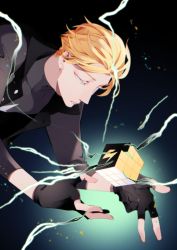 Rule 34 | 1boy, black gloves, blonde hair, closed mouth, cookie run, cube, fingerless gloves, gloves, lemon cookie, long sleeves, looking down, male focus, personification, short hair, solo, yume on (sylvia0411)