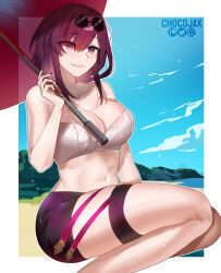 Rule 34 | 1girl, bandeau, bare arms, bare shoulders, beach, bikini, black shorts, blue sky, breasts, chocojax, cleavage, cloud, day, eyewear on head, feet out of frame, highres, holding, holding umbrella, honkai: star rail, honkai (series), kafka (honkai: star rail), large breasts, long hair, nail polish, navel, purple eyes, purple hair, purple nails, short shorts, shorts, sitting, sky, smile, solo, stomach, strapless, strapless bikini, sunglasses, swimsuit, thigh strap, thighs, umbrella