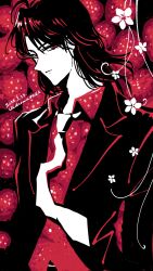 Rule 34 | 1boy, artist name, closed mouth, collared shirt, colored skin, commentary, dated, double exposure, expressionless, flower, food, formal, fruit, highres, ichijou seiya, jacket, kaiji, limited palette, long hair, long sleeves, looking at viewer, male focus, medium bangs, necktie, red eyes, red hair, red jacket, red shirt, shirt, solo, strawberry, suit, symbol-only commentary, unknown03162, upper body, white necktie, white skin