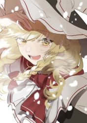 Rule 34 | 1girl, black hat, black vest, blonde hair, bow, braid, capelet, commentary, hair bow, hand up, hat, hat bow, highres, kerok (joniko1110), kirisame marisa, long hair, open mouth, red bow, red scarf, scarf, shirt, single braid, smile, solo, touhou, upper body, vest, white background, white bow, white capelet, white shirt, witch hat, yellow eyes