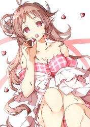 Rule 34 | 1girl, animal ears, arknights, bare shoulders, blush, breasts, brown hair, chocolate, chocolate on body, chocolate on breasts, cleavage, commentary request, curled horns, eyjafjalla (arknights), eyjafjalla (summer flower) (arknights), feet out of frame, food, food in mouth, food on body, food on face, forehead, hand up, hasumi takashi, highres, holding, holding food, horns, knees up, long hair, looking at viewer, medium breasts, parted bangs, pink background, red eyes, sheep ears, sheep girl, sheep horns, simple background, solo, very long hair, white background
