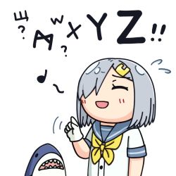 Rule 34 | 1girl, alphabet, blue eyes, commentary request, cyrillic, eighth note, grey sailor collar, hair ornament, hair over one eye, hairclip, hama! (3toshinhmkz), hamakaze (kancolle), index finger raised, kantai collection, mixed-language text, music, musical note, neckerchief, no nose, quarter note, rune, sailor collar, school uniform, serafuku, short hair, silver hair, simple background, singing, solo, stuffed animal, stuffed shark, stuffed toy, upper body, white background, yellow neckerchief, you&#039;re doing it wrong