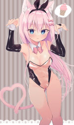 Rule 34 | 1girl, animal ear fluff, animal ears, arms up, bare shoulders, black hairband, black leotard, blue eyes, blush, borrowed character, bow, breasts, bridal gauntlets, cat ears, cat girl, cat tail, collar, collarbone, commentary request, covered navel, detached collar, gluteal fold, hair between eyes, hair bow, hairband, heart, heart tail, leotard, long hair, medium breasts, meme attire, navel, original, parted lips, pink bow, pink hair, pussy, solo, spoken food, striped, striped background, tail, thigh gap, translucent bunnysuit, usagimiko, vertical stripes, very long hair, white collar, wing collar