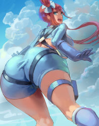 Rule 34 | 1girl, ass, ass focus, blue eyes, boots, breasts, cloud, cloudy sky, creatures (company), crop top, from behind, from below, game freak, gloves, huge ass, kazo (kazozakazo), large breasts, long hair, long sleeves, looking back, nintendo, pokemon, pokemon bw, red hair, shorts, sky, skyla (pokemon)
