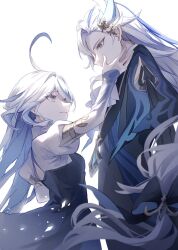 Rule 34 | 1boy, 1girl, ahoge, ascot, blue eyes, blue hair, closed mouth, furina (genshin impact), genshin impact, grey hair, hair between eyes, hand on another&#039;s cheek, hand on another&#039;s face, haru same322, highres, light blue hair, long hair, looking at another, looking up, multicolored hair, neuvillette (genshin impact), purple eyes, sidelocks, simple background, smile, spoilers, streaked hair, two-tone hair, upper body, white ascot, white background
