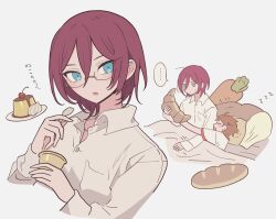 Rule 34 | ..., 2boys, bad id, bad pixiv id, baguette, bed, blanket, blue eyes, bread, carrot, character request, check character, collared shirt, croissant, cropped torso, ensemble stars!, food, glasses, hair between eyes, holding, holding food, holding spoon, hug, long sleeves, looking at viewer, meremero, multiple boys, multiple views, open mouth, pudding, purple hair, saegusa ibara, shirt, short hair, sleeping, spoken ellipsis, spoon, tenma mitsuru, white shirt, zzz