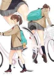 Rule 34 | 1girl, ama mitsuki, artist name, bent over, bicycle, black legwear, blazer, brown footwear, brown hair, cardigan, contemporary, dated, from behind, from below, from side, full body, grey skirt, jacket, looking away, miniskirt, multiple views, original, pleated skirt, ponytail, riding bike, school uniform, simple background, sitting, skirt, soles, standing, thighs, white background