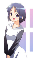Rule 34 | 1girl, :d, black hair, blue eyes, blue hair, blush, breasts, dress, gradient background, happy, highres, hood, hooded dress, hoodie, long sleeves, love hina, maehara shinobu, matching hair/eyes, ootsuka rei, open mouth, own hands together, short hair, simple background, smile, solo, standing, white background, white theme