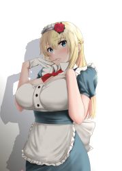 Rule 34 | 1girl, apron, biting, blonde hair, blue eyes, bow, bowtie, braid, breasts, cleavage, collar, cowboy shot, flower, french braid, glove biting, gloves, hair between eyes, hair flower, hair ornament, hand on own chest, highres, jouzaburou (joe3), kantai collection, large breasts, long hair, looking at viewer, maid, maid apron, maid headdress, parted lips, red bow, red bowtie, solo, warspite (kancolle), white background