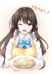 Rule 34 | 1girl, absurdres, black hair, blouse, blue bow, blue bowtie, blush, bow, bowtie, breasts, brown eyes, dress, fang, food, fried rice, gradient background, halterneck, head scarf, highres, kantai collection, long hair, long sleeves, looking at viewer, manjukannon, medium breasts, multicolored hair, naganami (kancolle), one eye closed, open mouth, pink hair, plate, rice, shirt, smile, solo, two-tone hair, upper body, wavy hair, white shirt, yellow background