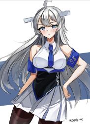 Rule 34 | 1girl, ahoge, bare shoulders, black pantyhose, blue necktie, breasts, contrapposto, cowboy shot, dawn 1945, grey background, grey eyes, headgear, highres, kantai collection, large breasts, long hair, looking at viewer, necktie, pantyhose, pleated skirt, shirt, simple background, skirt, sleeveless, sleeveless shirt, solo, twitter username, two-tone background, washington (kancolle), white background, white shirt, white skirt