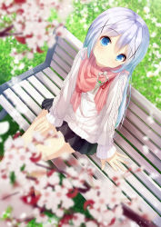 Rule 34 | 1girl, aran sweater, bench, black skirt, blue eyes, blurry, blurry foreground, blush, cable knit, cherry blossoms, chinomaron, closed mouth, commentary request, day, depth of field, dutch angle, gochuumon wa usagi desu ka?, hair between eyes, hair ornament, head tilt, highres, kafuu chino, long hair, long sleeves, looking at viewer, on bench, outdoors, park bench, pleated skirt, red scarf, scarf, silver hair, sitting, skirt, smile, solo, spring (season), sweater, twitter username, very long hair, white sweater, x hair ornament