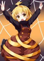 Rule 34 | 1girl, \o/, arms up, black bow, black footwear, black shirt, blonde hair, blush, bow, brown dress, dress, full body, hair bow, highres, kurodani yamame, long sleeves, looking at viewer, open mouth, outstretched arms, ruu (tksymkw), shirt, short hair, silk, smile, solo, spider web, touhou, turtleneck, yellow eyes