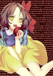 Rule 34 | 1girl, apple, bow, breasts, brown hair, dress, english text, fang, food, fruit, highres, holding, holding food, holding fruit, medium breasts, moeko, open mouth, red apple, red bow, short hair, short sleeves, slit pupils, snow white (disney), snow white and the seven dwarfs, solo, striped sleeves, text background, yellow eyes