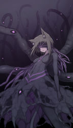 Rule 34 | 1girl, animal ear fluff, animal ears, asymmetrical arms, black dress, black sclera, blindfold, bodysuit, breasts, brown hair, collarbone, colored sclera, commentary request, covered navel, dress, extra eyes, highres, living clothes, monster girl, original, parted lips, purple eyes, short hair, small breasts, solo, tail, tentacles, tentacle clothes, tentacle hair, yuritopia