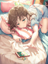 Rule 34 | 1girl, absurdres, bed, blue shirt, blue shorts, brown hair, cellphone, frilled shirt, frills, green eyes, highres, indoors, long hair, loungewear, midriff, on bed, original, outstretched arm, phone, pillow, r o ha, reaching, reaching towards viewer, shirt, short shorts, shorts, smartphone, solo, sunlight, window