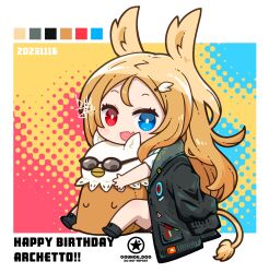 Rule 34 | 1girl, :d, animal ears, archetto (arknights), arknights, artist name, black footwear, black jacket, blonde hair, blue eyes, bright pupils, chibi, dated, dog-san, english text, fang, hair ornament, hairclip, happy birthday, heterochromia, highres, jacket, jacket on shoulders, lion ears, lion tail, long hair, open clothes, open jacket, open mouth, red eyes, shirt, shoes, short sleeves, simple background, skin fang, smile, solo, tail, white pupils, white shirt