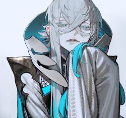 Rule 34 | 1boy, asclepius (fate), au (d elete), blue hair, fate/grand order, fate (series), green eyes, hair between eyes, hood, jacket, long hair, long sleeves, looking at viewer, male focus, pale skin, signature, simple background, solo, tagme, upper body, white background, white hair