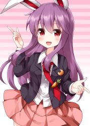 Rule 34 | 1girl, animal ears, black jacket, blazer, buttons, carrot, collared shirt, cowboy shot, crescent, crescent pin, gradient background, hair between eyes, highres, index finger raised, jacket, long hair, long sleeves, looking at viewer, necktie, open mouth, pink background, pink skirt, pleated skirt, purple hair, rabbit ears, red eyes, red necktie, reisen udongein inaba, ruu (tksymkw), shirt, skirt, smile, solo, standing, striped, striped background, touhou, white shirt