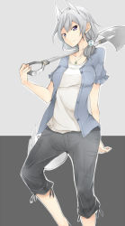 Rule 34 | 1girl, amai nekuta, animal ears, arm behind back, aurora e. juutilainen, collarbone, fox ears, fox tail, hair ornament, holding, jacket, long hair, looking at viewer, outline, pants, ponytail, purple eyes, shirt, short ponytail, short sleeves, shovel, silver hair, smile, solo, strike witches, tail, white shirt, wolf ears, wolf tail, worktool, world witches series