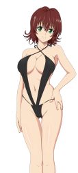 Rule 34 | 1girl, absurdres, bikini, breasts, brown hair, cleavage, contrapposto, gluteal fold, green eyes, hand on own hip, highres, large breasts, legs together, light smile, looking at viewer, mikado ryouko, revealing clothes, school nurse, short hair, smile, solo, standing, swimsuit, thigh gap, third-party edit, to love-ru, transparent background