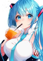 Rule 34 | 1girl, absurdres, alternate breast size, anzu (x anzu ill), aqua eyes, aqua hair, aqua necktie, arm tattoo, bare shoulders, between breasts, blush, breasts, collared shirt, commentary request, cup, detached sleeves, disposable cup, drinking, drinking straw, eyelashes, hair between eyes, hand up, hatsune miku, highres, holding, holding cup, large breasts, long hair, long sleeves, looking at viewer, necktie, necktie between breasts, shirt, simple background, sleeveless, sleeveless shirt, solo, tattoo, tea, twintails, upper body, vocaloid, white background, white shirt, wide sleeves