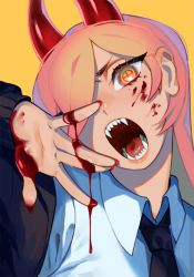 Rule 34 | + +, blonde hair, blood, blood on face, blood on hands, business suit, chainsaw man, close-up, commentary, cross-shaped pupils, crosshair pupils, demon girl, demon horns, formal, hair over one eye, horns, jacket, looking at viewer, necktie, open mouth, power (chainsaw man), red horns, sharp teeth, simple background, solo, suit, symbol-only commentary, symbol-shaped pupils, teeth, yellow background, zambiie