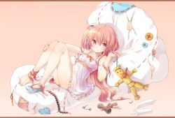 Rule 34 | 1girl, ankle ribbon, bare shoulders, barefoot, beads, blush, bracelet, candle, dress, feet, hair ribbon, hammer, highres, jewelry, leg ribbon, legs, letterboxed, long hair, lying, mallet, momobako, original, personification, pillow, pink hair, red eyes, ribbon, rojiko, shoes, side ponytail, single shoe, sitting, solo, straw doll, sundress