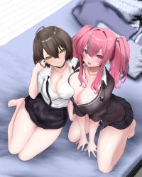 Rule 34 | 2girls, :d, absurdres, ahoge, arm support, azur lane, baltimore (after-school ace) (azur lane), baltimore (azur lane), barefoot, black cardigan, black choker, black necktie, black skirt, blush, braid, breast press, breasts, bremerton (azur lane), brown hair, cardigan, choker, cleavage, closed mouth, collarbone, collared shirt, commentary request, ear piercing, french braid, from above, full body, grey hair, hair between eyes, hair intakes, hand up, highres, indoors, jewelry, kneeling, large breasts, long hair, looking at viewer, mole, mole on breast, mole under eye, multicolored hair, multiple girls, necklace, necktie, noa (skae3323), official alternate costume, on bed, open mouth, partial commentary, partially unbuttoned, piercing, pillow, pink eyes, pink hair, pleated skirt, school uniform, shadow, shirt, short hair, short sleeves, sidelocks, sitting, skirt, sleeves rolled up, smile, streaked hair, twintails, two-tone hair, undone necktie, white shirt, wooden floor, yellow eyes, yokozuwari