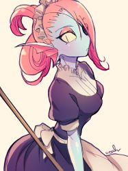 Rule 34 | 1girl, alternate costume, apron, black dress, blue skin, breasts, broom, colored sclera, colored skin, commentary request, dress, enmaided, eyepatch, fins, folded ponytail, head fins, highres, holding, holding broom, looking at viewer, maid, maid apron, maid day, maid headdress, monster girl, noah (tettsui-sole), puffy short sleeves, puffy sleeves, red hair, short sleeves, signature, simple background, slit pupils, solo, undertale, undyne, white apron, yellow sclera