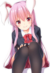 Rule 34 | 1girl, animal ears, black thighhighs, blazer, blush, bow, bowtie, breasts, collared shirt, commentary request, hand on own knee, head tilt, hisae (hisae collect), jacket, large breasts, light purple hair, long hair, long sleeves, looking at viewer, miniskirt, pink skirt, rabbit ears, red bow, red bowtie, red eyes, reisen udongein inaba, shirt, sidelocks, sitting, skirt, smile, solo, suit jacket, thighhighs, touhou, white background, white shirt, wing collar