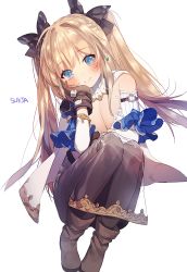 Rule 34 | 1girl, artist name, bad id, bad pixiv id, blonde hair, blue eyes, blush, boots, bow, breasts, head rest, cleavage, earrings, gloves, hair bow, jewelry, looking at viewer, original, pantyhose, simple background, sitting, smile, solo, sparkle, sukja, twintails
