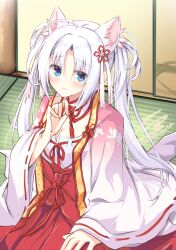 Rule 34 | 1girl, animal ear fluff, animal ears, architecture, blue eyes, blush, breasts, cleavage, closed mouth, commentary request, cowboy shot, detached collar, east asian architecture, eyes visible through hair, floral print, frown, hair between eyes, hakama, hakama skirt, hand up, highres, indoors, japanese clothes, kimono, large breasts, long hair, long sleeves, looking at viewer, miko, parted bangs, print kimono, red hakama, ribbon-trimmed sleeves, ribbon trim, senren banka, shy, signature, sitting, skirt, solo, split mouth, tassel, tomotake yoshino, twintails, usetsusakon2, very long hair, white hair, white kimono, wide sleeves, wolf ears