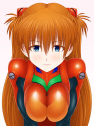 Rule 34 | 1girl, adapted costume, alternate breast size, arms under breasts, blue eyes, blush, bodysuit, breast press, breasts, hair ornament, large breasts, lips, long hair, looking at viewer, neon genesis evangelion, pixiv1478062, plugsuit, red bodysuit, shiny clothes, shiny skin, skin tight, smile, solo, souryuu asuka langley, tsundere, two side up, upper body, very long hair