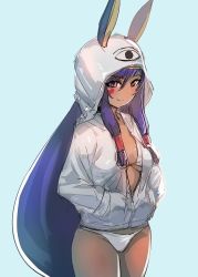 Rule 34 | 1girl, blue background, bow (bhp), breasts, closed mouth, cowboy shot, dark skin, dark-skinned female, ears through headwear, fate/grand order, fate (series), grey jacket, hair between eyes, hands in pockets, hood, hood up, jacket, long hair, looking at viewer, medium breasts, nitocris (fate), nitocris (swimsuit assassin) (fate), open clothes, open jacket, panties, purple eyes, purple hair, simple background, smile, solo, underwear, very long hair, white panties