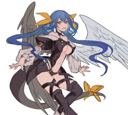 Rule 34 | 1girl, angel wings, asymmetrical wings, bare shoulders, belt, black panties, black thighhighs, blue hair, bow, breasts, choker, collarbone, dizzy (guilty gear), guilty gear, guilty gear x, guilty gear xx, hair between eyes, hair ribbon, hair rings, large breasts, looking at viewer, midriff, monster girl, navel, open mouth, oro (sumakaita), panties, puffy sleeves, red eyes, ribbon, simple background, smile, solo, tail, tail ornament, tail ribbon, thigh strap, thighhighs, twintails, underboob, underwear, wings, yellow ribbon