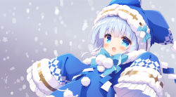Rule 34 | 1girl, :d, blue bow, blue dress, blue eyes, blue hair, blue headwear, blush, bow, character request, commentary request, dress, flower knight girl, frilled sleeves, frills, fur-trimmed headwear, fur-trimmed sleeves, fur trim, hair between eyes, long sleeves, looking at viewer, open mouth, santa matsuri, sleeves past fingers, sleeves past wrists, smile, snowing, solo, thick eyebrows