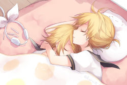 Rule 34 | 1boy, 1girl, bed, black sailor collar, blonde hair, brother and sister, closed eyes, commentary request, hair ornament, hairclip, headphones, headphones removed, headset, hug, kagamine len, kagamine rin, kuroi (liar-player), lying, on side, parted lips, pillow, profile, puffy short sleeves, puffy sleeves, ribbon, sailor collar, school uniform, serafuku, shirt, short sleeves, siblings, sleeping, sleeveless, sleeveless shirt, twitter username, under covers, vocaloid, white ribbon, white shirt, wooden floor