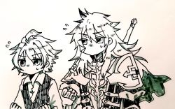 Rule 34 | 2boys, ahoge, armor, armored dress, commentary, dragon tail, fate/apocrypha, fate (series), gauntlets, greyscale, hair between eyes, highres, long hair, long sleeves, male focus, monochrome, multiple boys, multiple girls, multiple monochrome, naruzane, no mouth, over shoulder, scar, shirt, short hair, sieg (fate), siegfried (fate), sweatdrop, sword, sword behind back, sword over shoulder, tail, waistcoat, weapon, weapon over shoulder