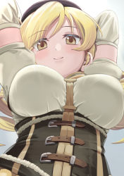 Rule 34 | 1girl, arm warmers, arms up, beret, black hat, blonde hair, breasts, buckle, chicken (chickenx), closed mouth, corset, drill hair, hat, highres, large breasts, looking at viewer, mahou shoujo madoka magica, mahou shoujo madoka magica (anime), short hair, smile, solo, tomoe mami, twin drills, upper body, yellow eyes